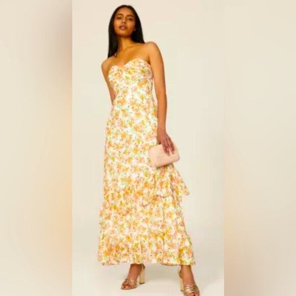 SHOSHANNA MIDNIGHT Remy Orange Yellow Floral Strapless Midi Dress Size 14 - Picture 2 of 9